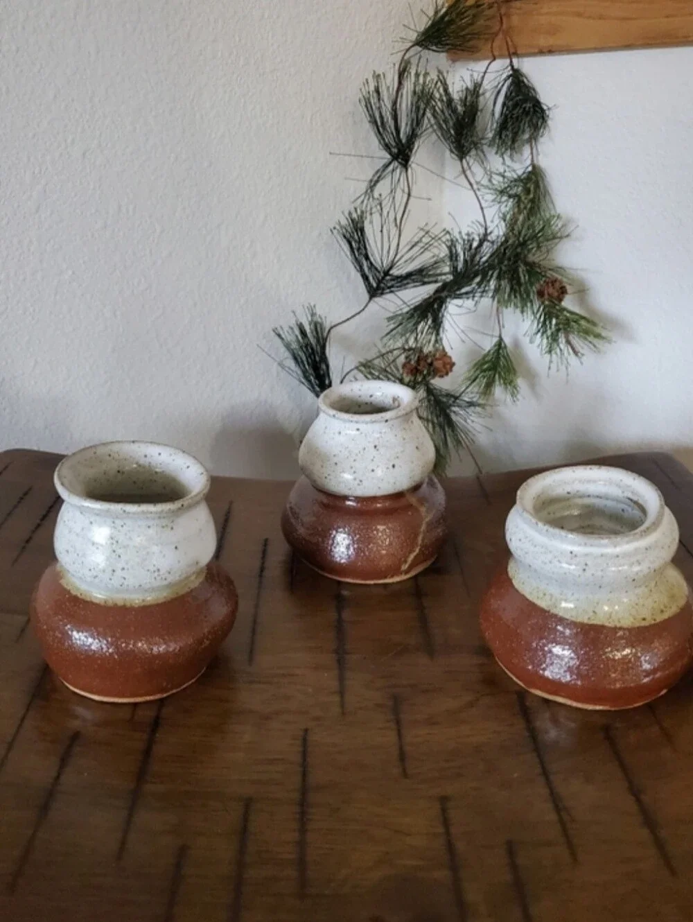 MCM Hand Thrown Pottery Set 3 Mini Vases Rustic Ceramic Candle Holders Jars
